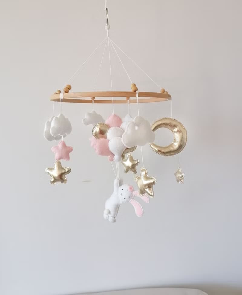Baby Crib Mobile For Nursery Flying Rabbit With Balloons Pink,Baby Mobile Felt