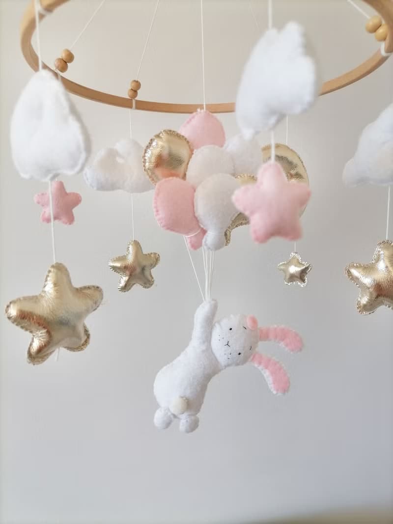 Baby Crib Mobile For Nursery Flying Rabbit With Balloons Pink,Baby Mobile Felt