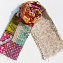 手縫紗麗布拼接絲巾/刺繡絲巾/刺繡圍巾/手縫紗麗線絲巾-復古花