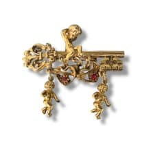 Vintage ART Signed Brooch Gold Tone Key with Angel Cherub Cupid Hearts Ruby pin