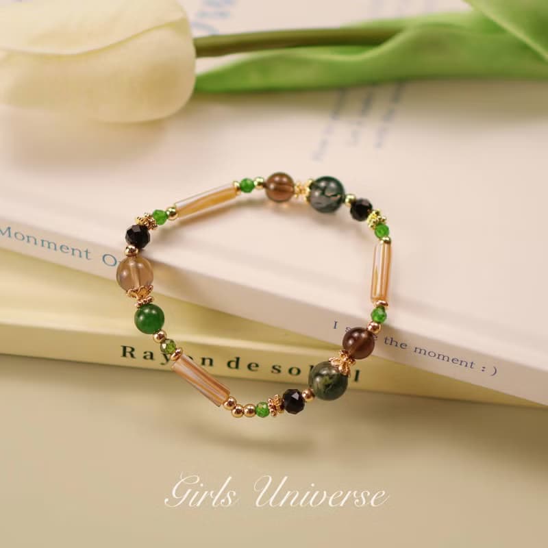 杉林漫步。綠透輝石 尖晶石 碧玉 14K包金 水晶礦石設計手鍊