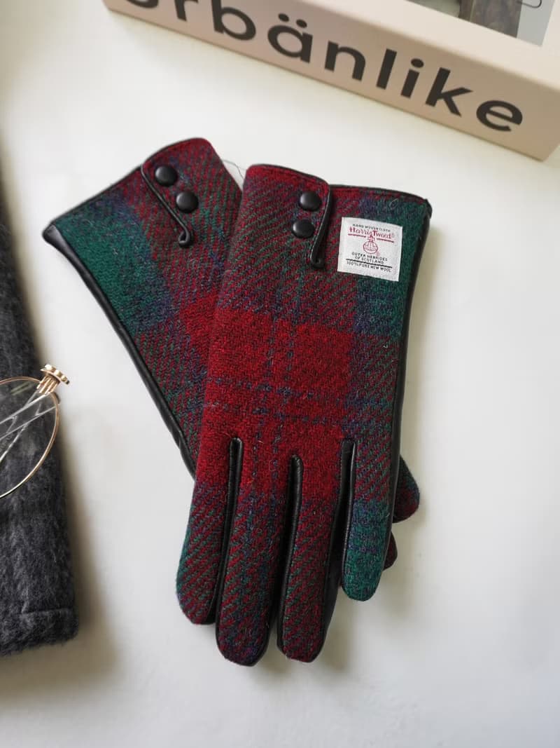 Harris tweed秋冬保暖男女情侶哈裡斯粗花呢英倫羊毛真皮觸屏手套