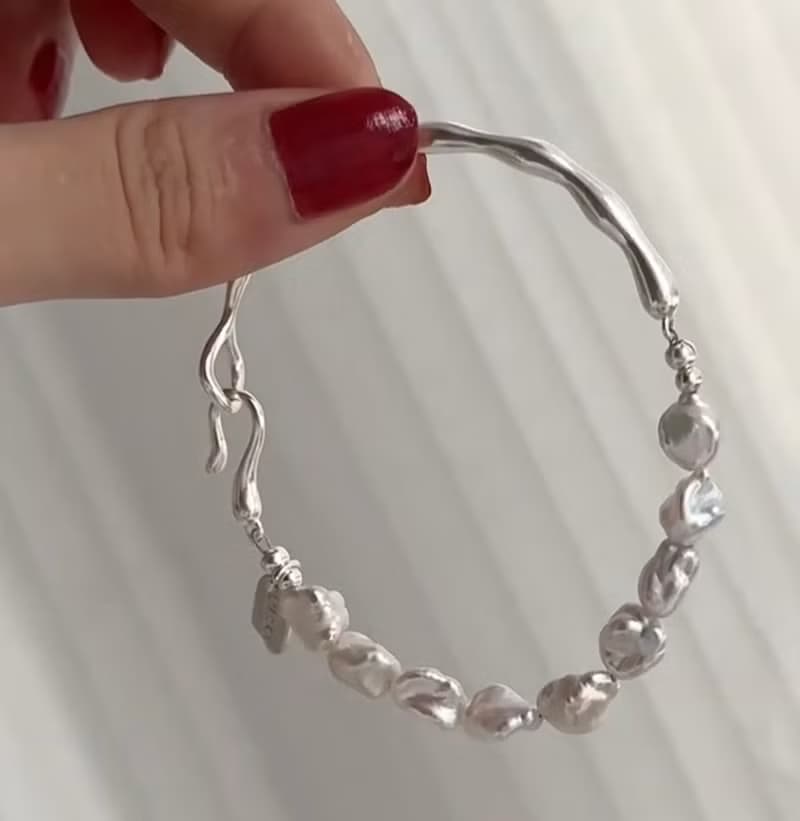 YuanPearl天然極光巴洛克碎銀子珍珠設計款厚銀純銀手鐲