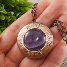 Amethyst Copper Photo Locket Purple Lilac Violet Stone Pendant Necklace Jewelry