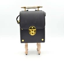 黑色PU仿皮革木腳綴閃石水晶鍊手袋 復古門柄把手 精緻可愛時尚