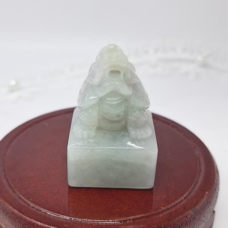 溫潤粉紫三彩手工雕刻龍龜印章 | 天然緬甸玉A貨翡翠