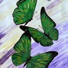 Green butterflies in a lilac-yellow mist. Watercolor.