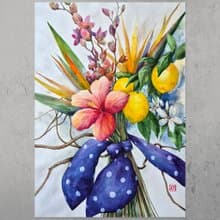 Watercolor bouquet of tropical flowers and lemons