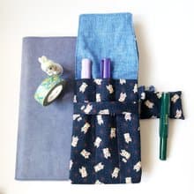 3枝裝鋼筆筆套, 和風布筆袋--深藍色日本招財貓