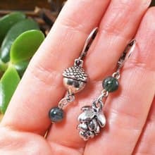 Silver Acorn Pine Cone Green Moss Agate Forest Woodland Drop Earrings Jewelry