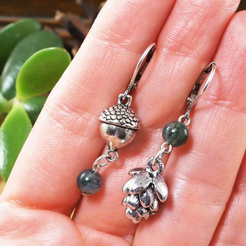 Silver Acorn Pine Cone Green Moss Agate Forest Woodland Drop Earrings Jewelry