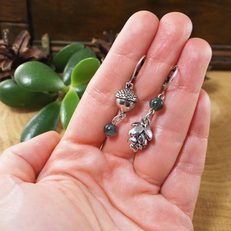 Silver Acorn Pine Cone Green Moss Agate Forest Woodland Drop Earrings Jewelry