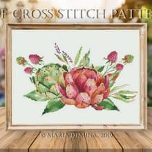 Raspberry & Artichoke Bouquet II - watercolor PDF cross stitch pattern