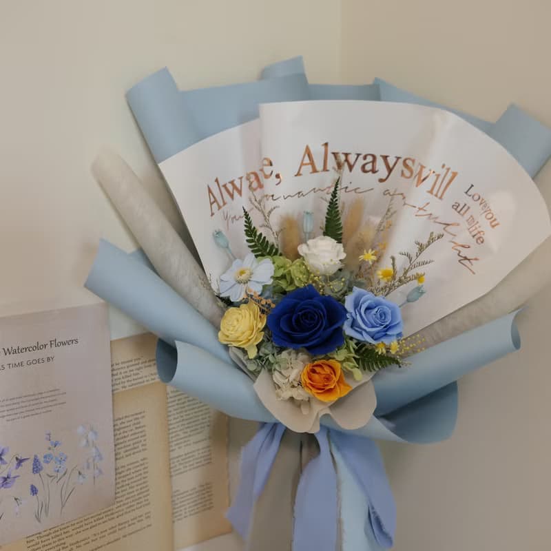 【活力藍澄黃色調永生不凋花束】感謝花束/情人花束/送禮