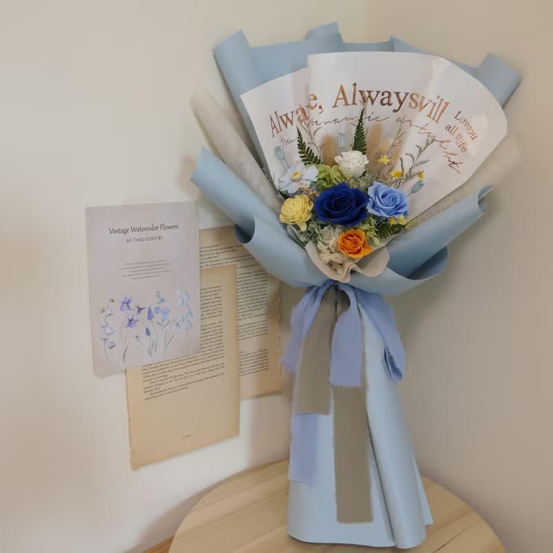 【活力藍澄黃色調永生不凋花束】感謝花束/情人花束/送禮