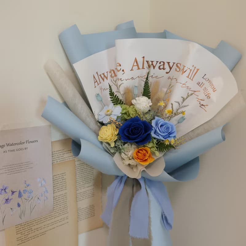 【活力藍澄黃色調永生不凋花束】感謝花束/情人花束/送禮