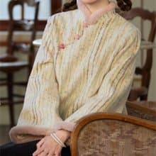 杏色條紋 中式加絨可愛桃心紐扣上衣 新中式中秋春節改良旗袍