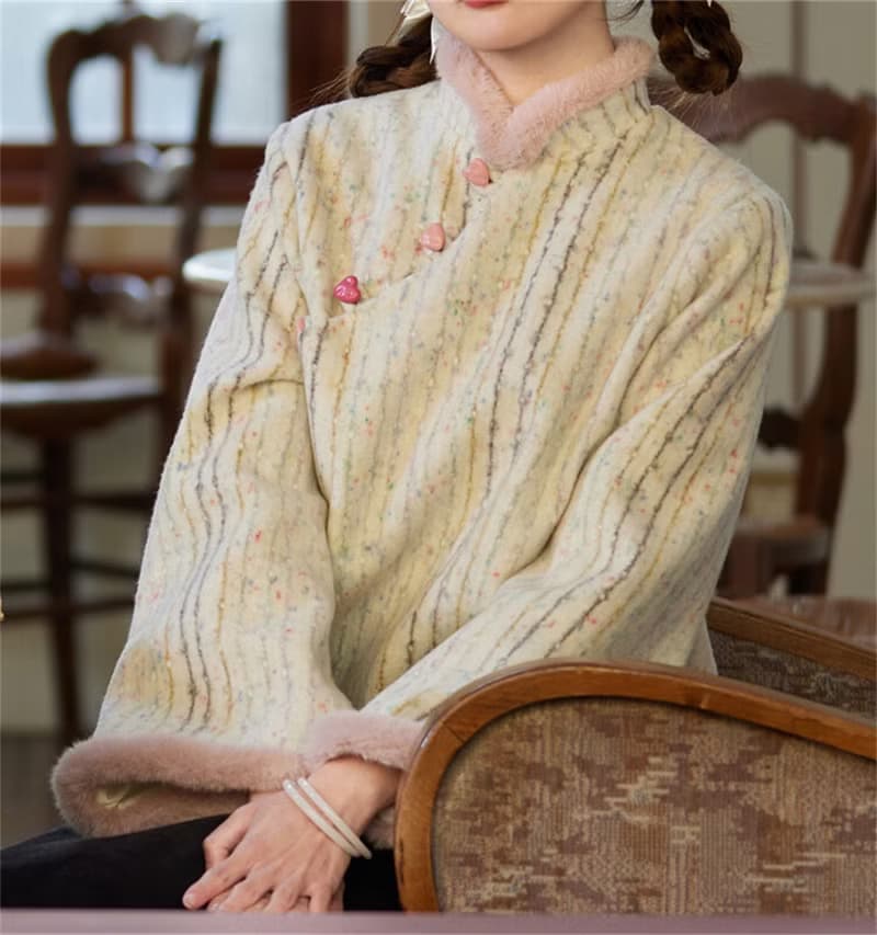 杏色條紋 中式加絨可愛桃心紐扣上衣 新中式中秋春節改良旗袍