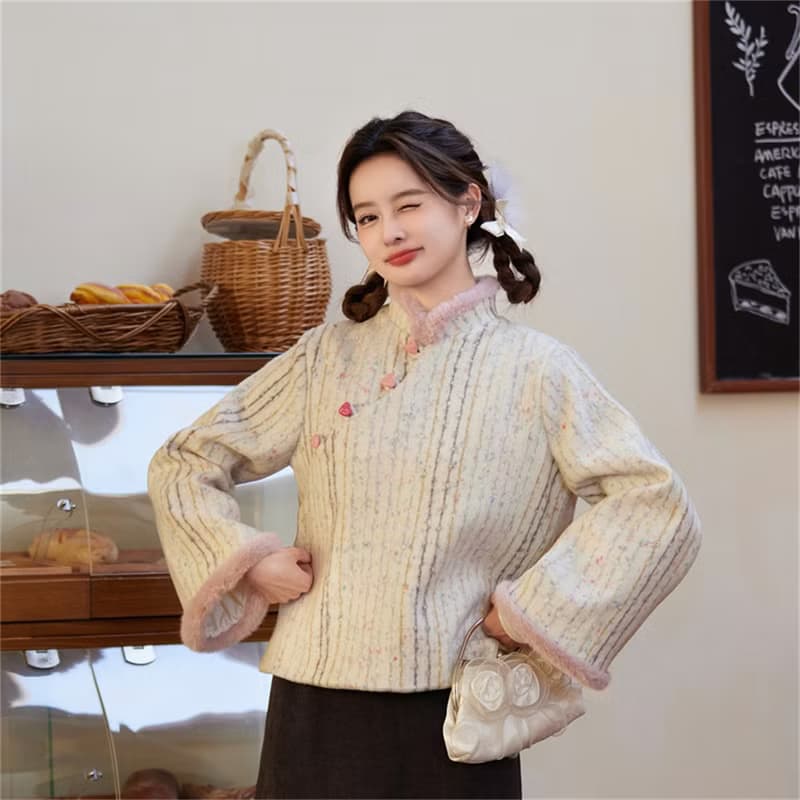 杏色條紋 中式加絨可愛桃心紐扣上衣 新中式中秋春節改良旗袍