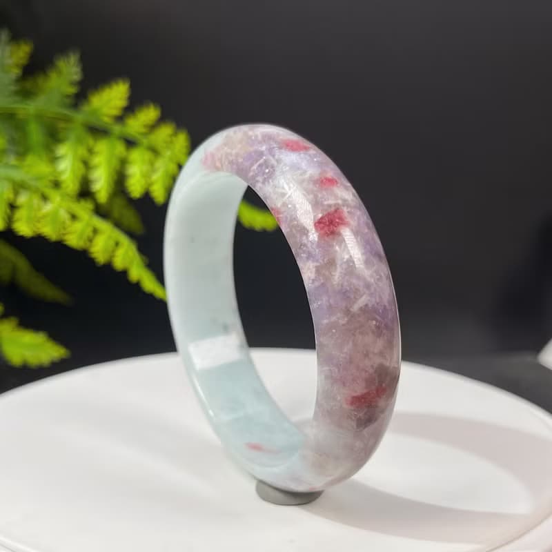 獨特梅花碧璽手鐲54MM 星光閃片玉化紫飄紅共生雲母手環 半山半水