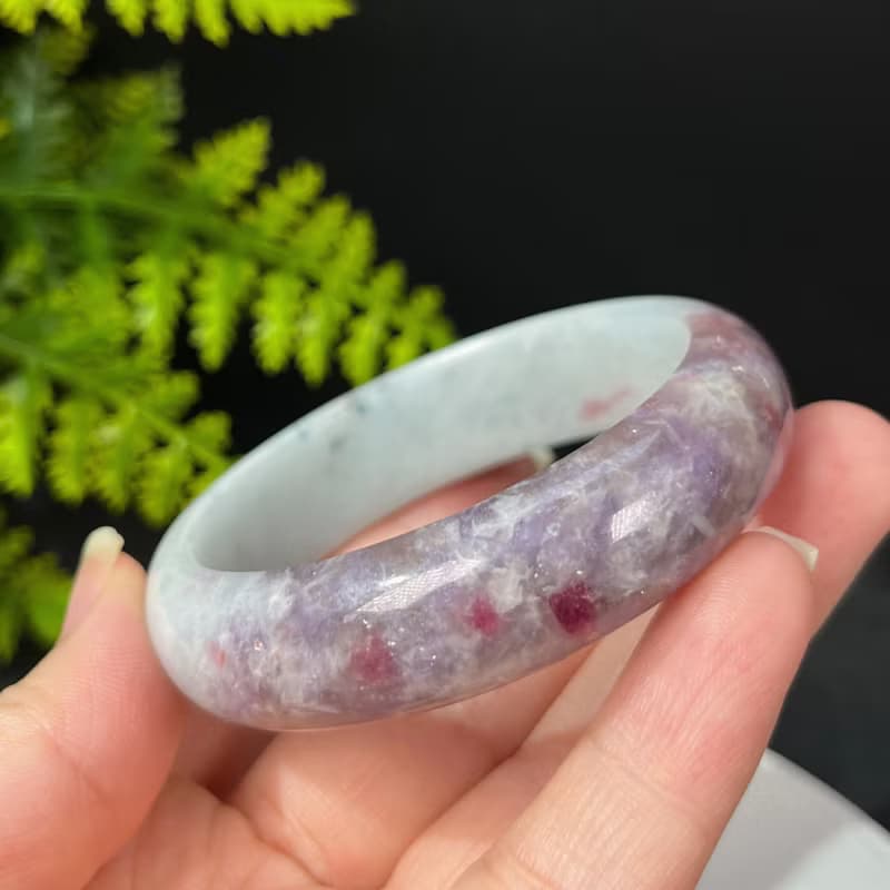 獨特梅花碧璽手鐲54MM 星光閃片玉化紫飄紅共生雲母手環 半山半水