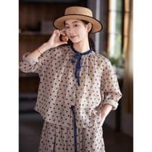藍波點純亞麻木耳花邊領女圓領小襯衫