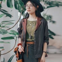 漿果紫色 苧麻輕薄拼色西裝 復古外套小衫