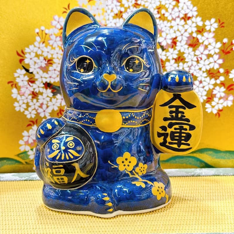 【墨達聚金】日本清水燒招財貓 | 達摩 花結晶 - 青墨 金運