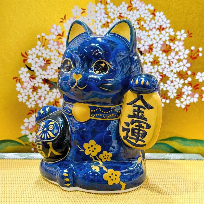 【墨達聚金】日本清水燒招財貓 | 達摩 花結晶 - 青墨 金運