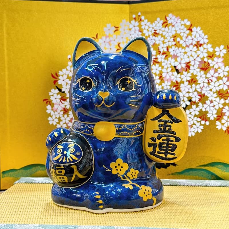 【墨達聚金】日本清水燒招財貓 | 達摩 花結晶 - 青墨 金運