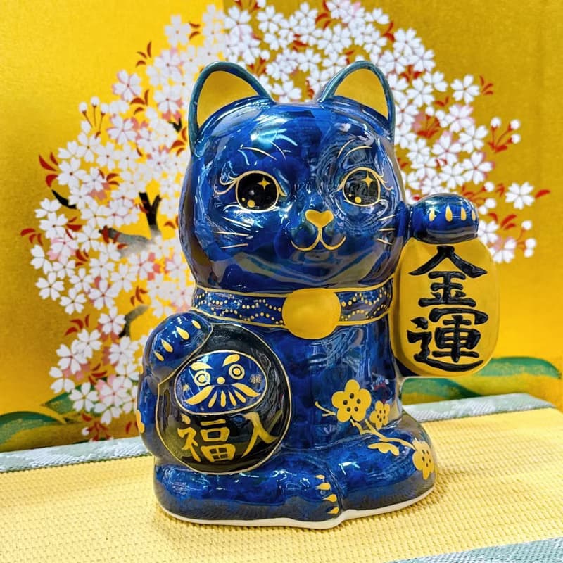 【墨達聚金】日本清水燒招財貓 | 達摩 花結晶 - 青墨 金運