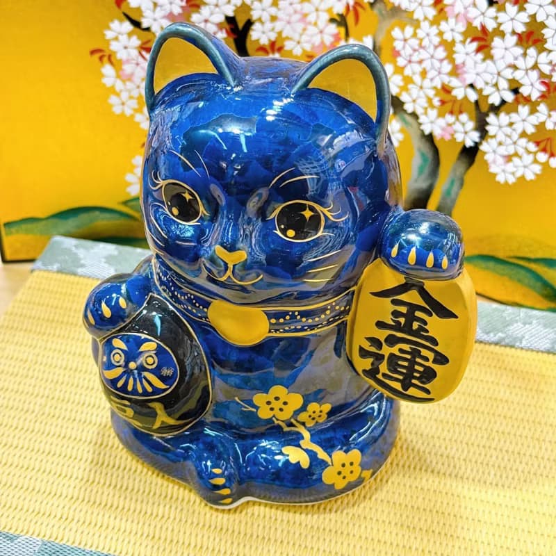 【墨達聚金】日本清水燒招財貓 | 達摩 花結晶 - 青墨 金運