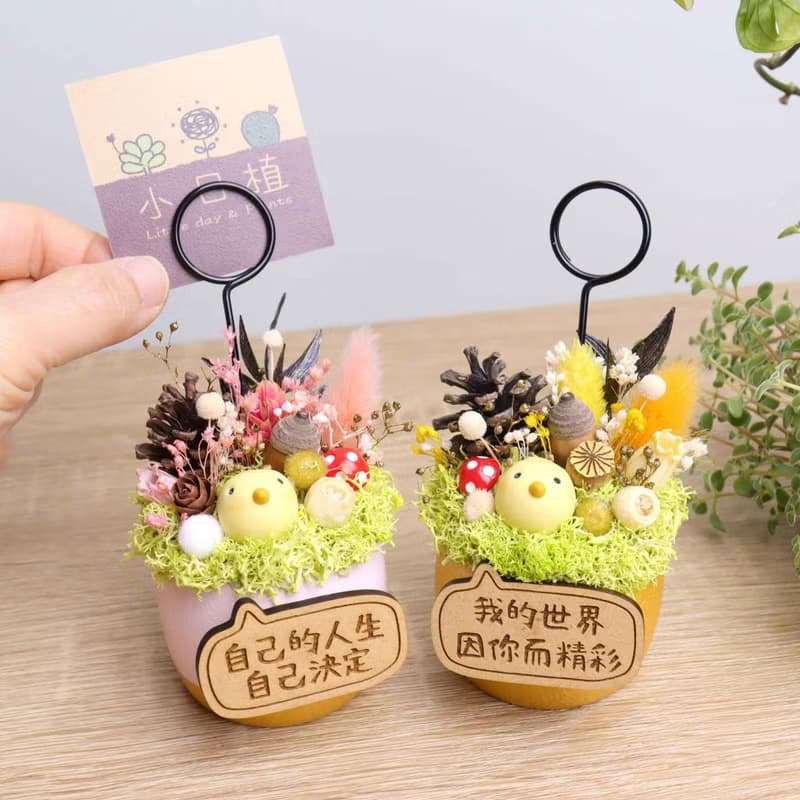 軟陶小日鳥-乾燥花金蛋/粉蛋盆栽名片夾 附字牌 桌花兒童生日禮物