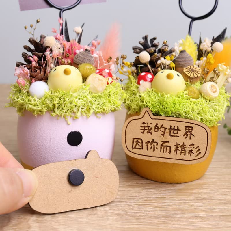 軟陶小日鳥-乾燥花金蛋/粉蛋盆栽名片夾 附字牌 桌花兒童生日禮物