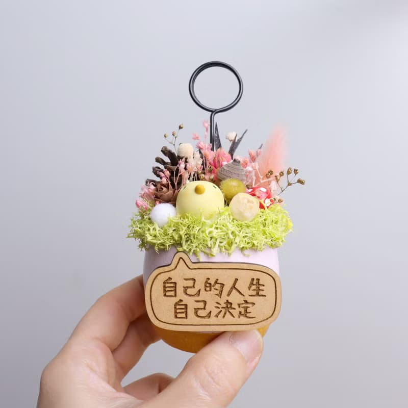 軟陶小日鳥-乾燥花金蛋/粉蛋盆栽名片夾 附字牌 桌花兒童生日禮物