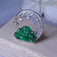 |招財星月佛|A貨翡翠老坑高冰辣綠佛公13.5mm純銀鍍18k設計項鍊