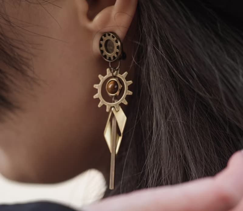 蒸汽朋克 Steamland 工業風 幾何型 黃銅虎眼石 耳環 耳夾耳飾