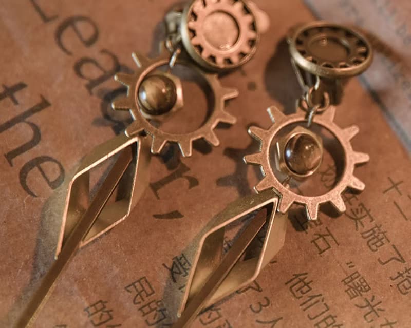蒸汽朋克 Steamland 工業風 幾何型 黃銅虎眼石 耳環 耳夾耳飾