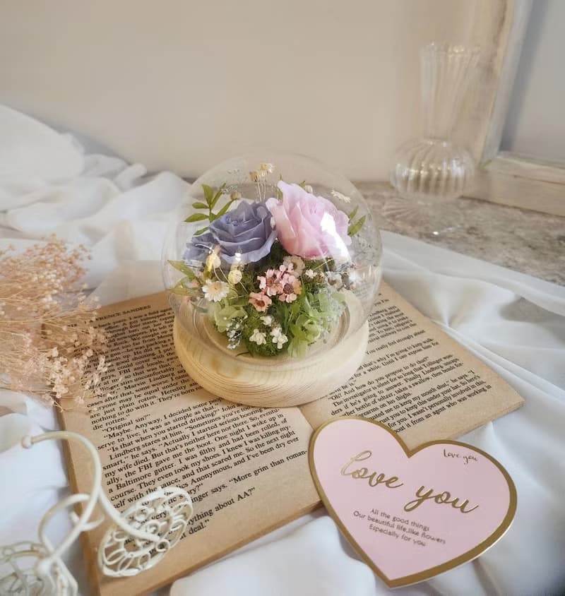 小鳥依人清新款 玻璃花鐘 永生花水晶球 永生花小夜燈 生日禮物