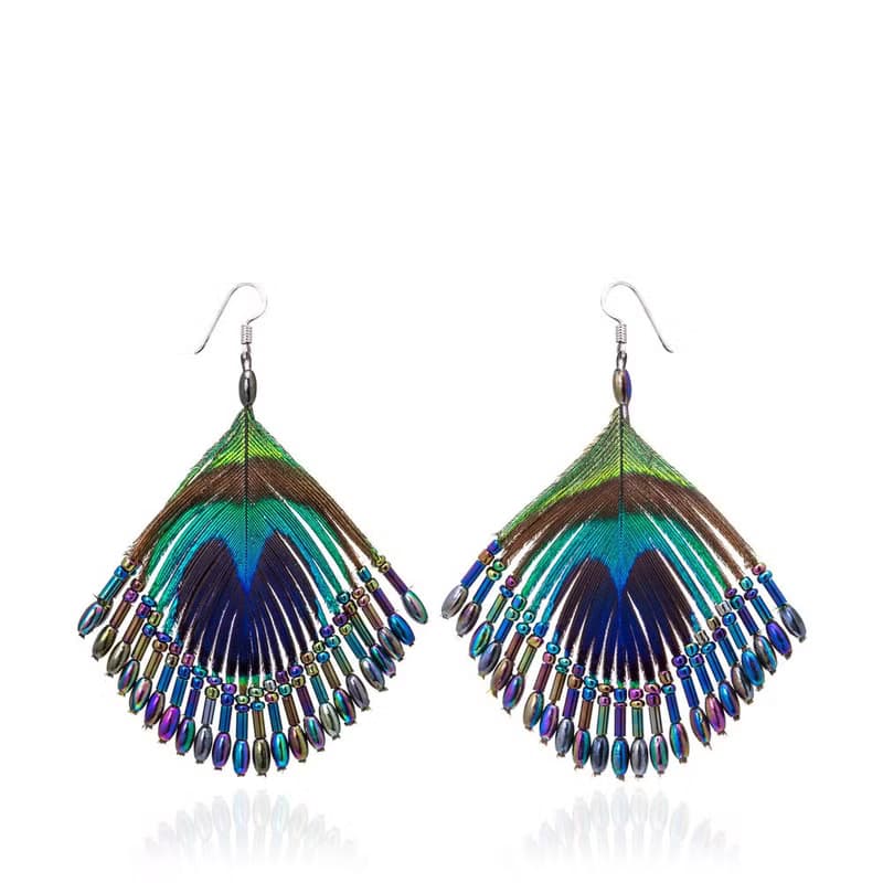 天然孔雀羽毛串琉璃珠造型耳飾