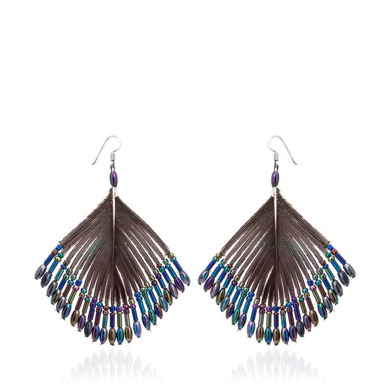 天然孔雀羽毛串琉璃珠造型耳飾