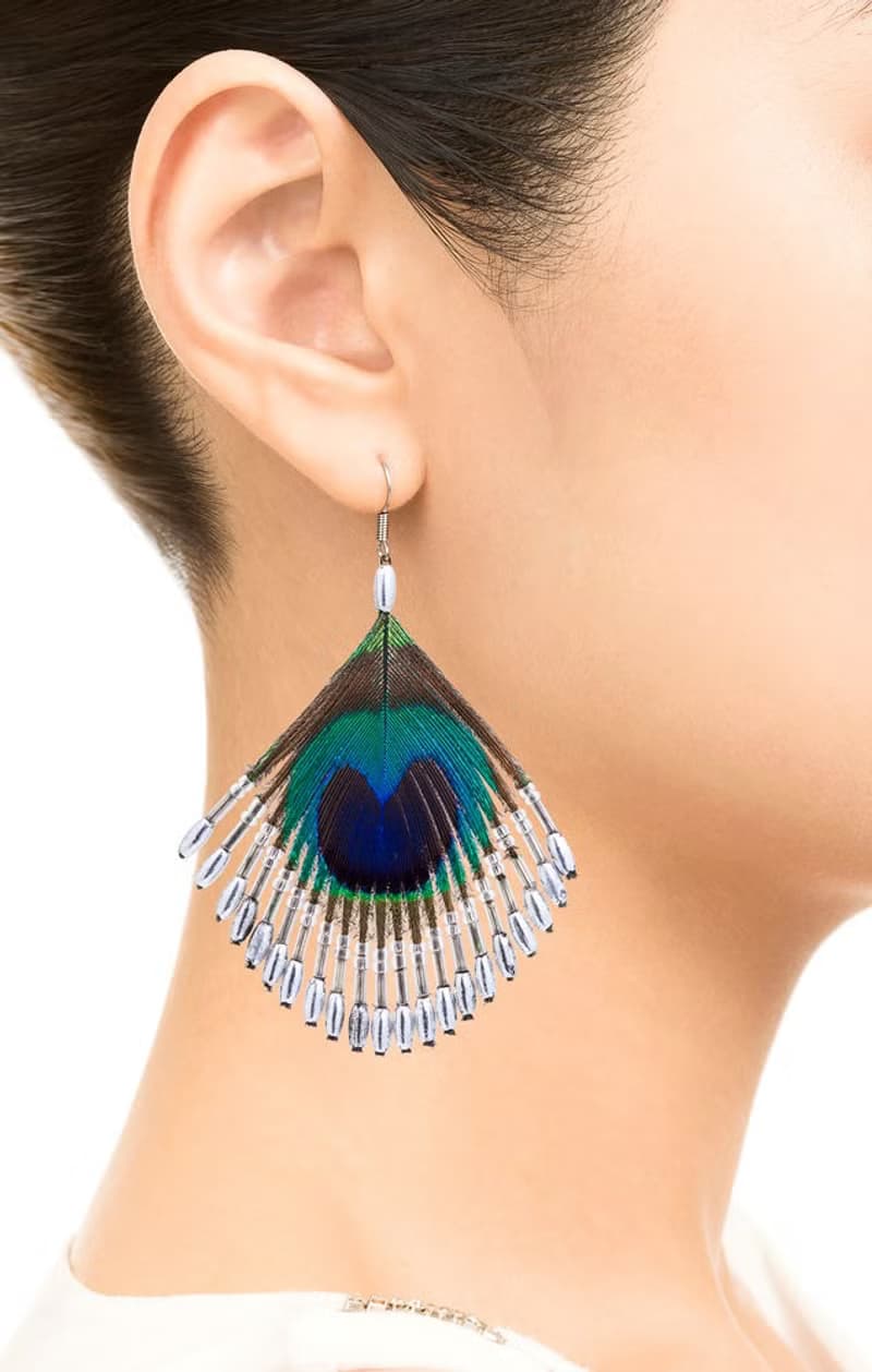 天然孔雀羽毛串琉璃珠造型耳飾