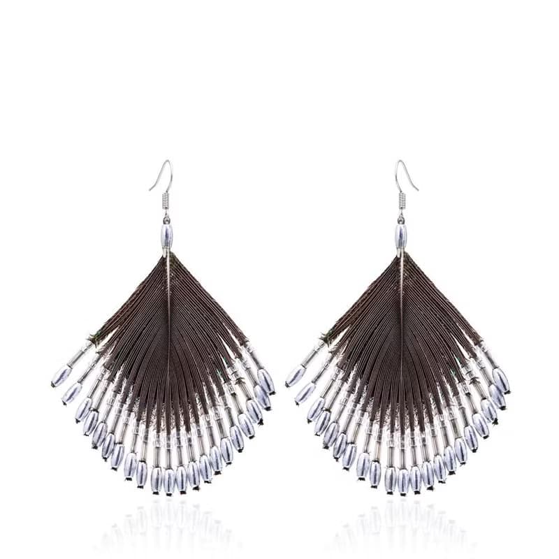 天然孔雀羽毛串琉璃珠造型耳飾