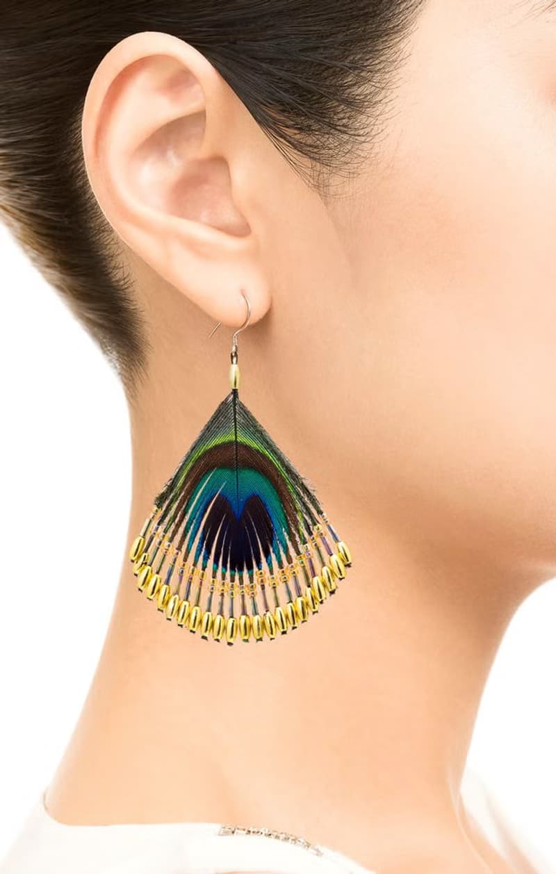 天然孔雀羽毛串琉璃珠造型耳飾