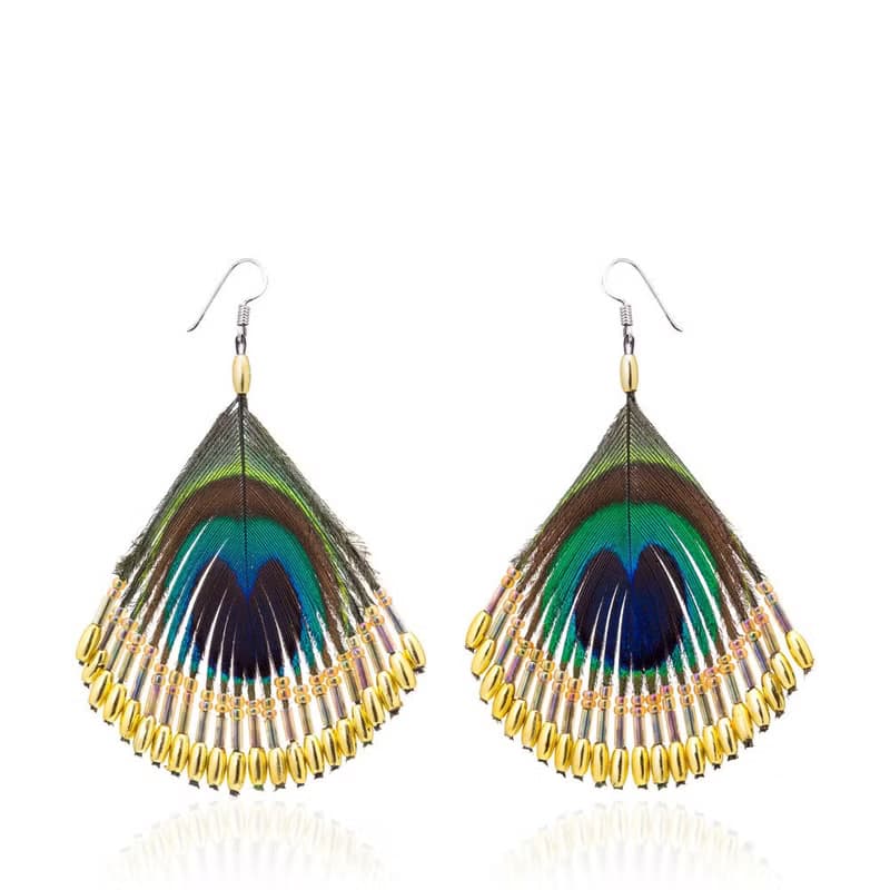天然孔雀羽毛串琉璃珠造型耳飾