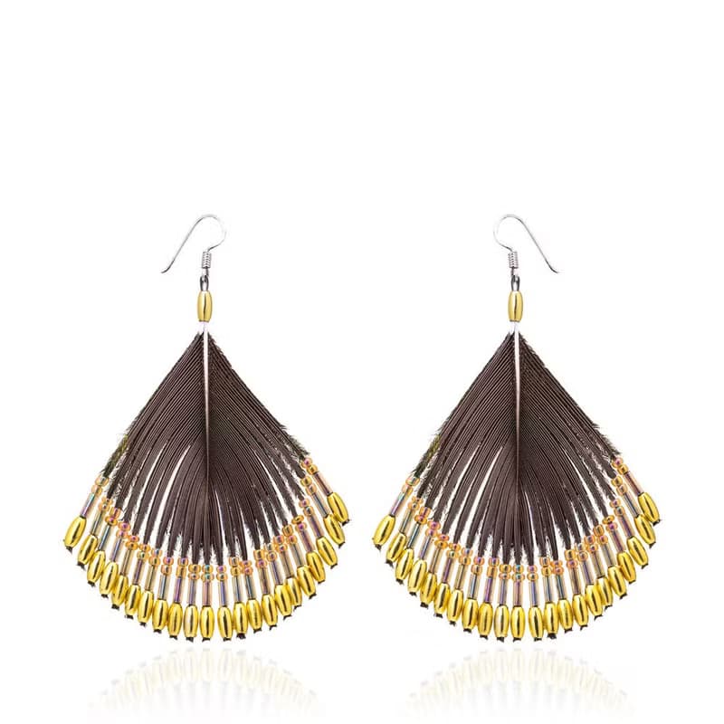 天然孔雀羽毛串琉璃珠造型耳飾