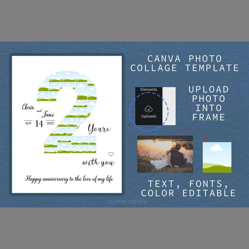 【數位】2nd Number Photo collage Editable Canva Template, Anniversary Gift, Brthday Gift