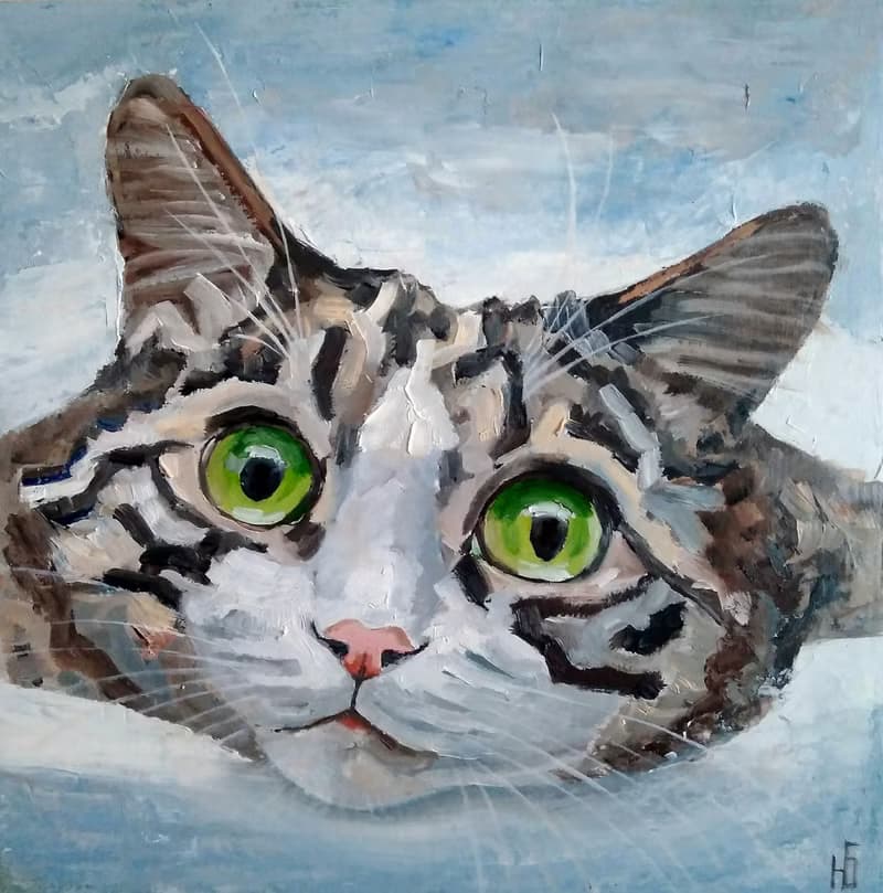 Tabby Cat Original Painting, Funny Kitten Portrait, Pet Wall Art, Cute Animal