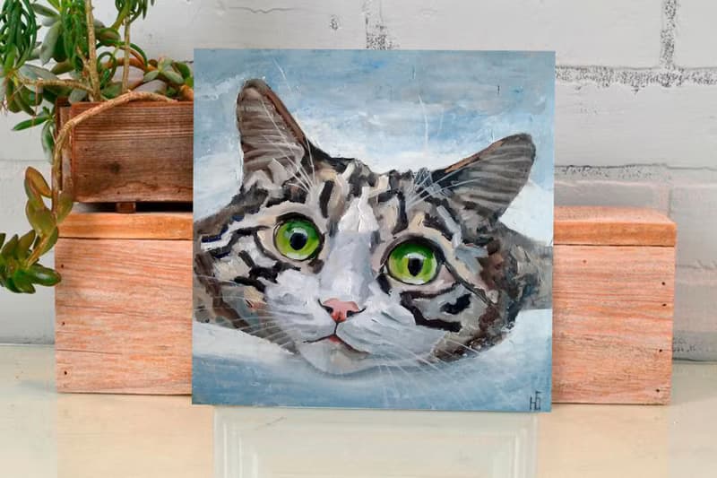 Tabby Cat Original Painting, Funny Kitten Portrait, Pet Wall Art, Cute Animal