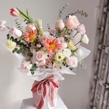 【鮮花】粉橘色玫瑰鬱金香康乃馨鮮花花束